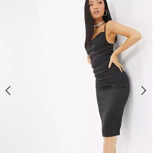 Petite Asos Satin Cami Strap Midi Dress with Cowl Neck in Black (BNWT)